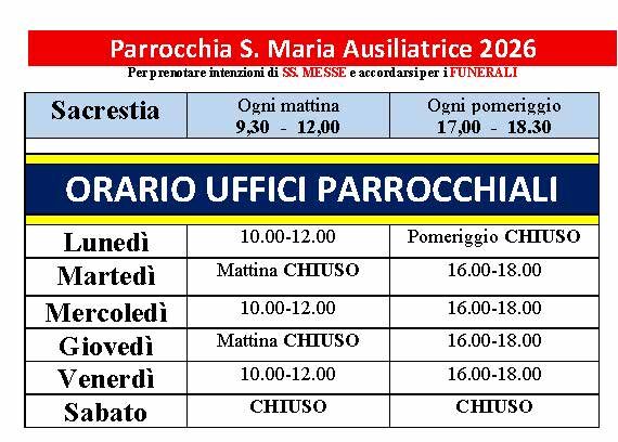 Nuovi orari Uffici Parrocchiali e Sacrestia